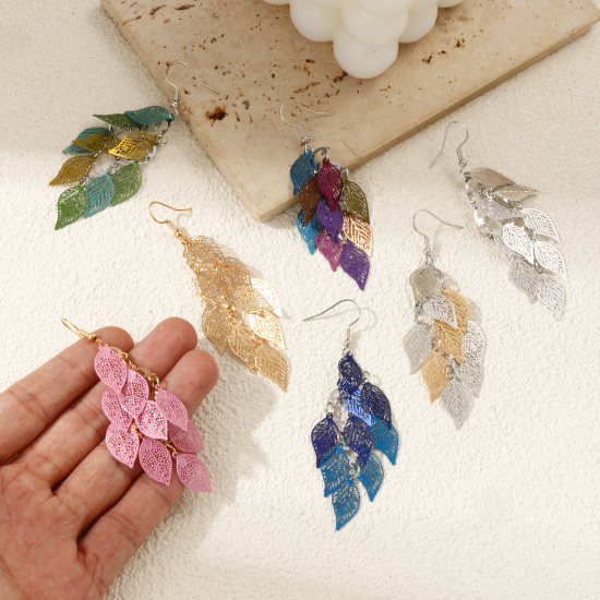 Bild von Messing Filigran Stempel Ohrringe Ohrhaken Blätter Silberfarbe Vergoldet Hohl 80mm Drahtstärke: (21 gauge) 1 Paar