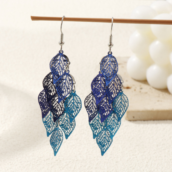 Bild von Messing Filigran Stempel Ohrringe Ohrhaken Blätter Silberfarbe Vergoldet Hohl 80mm Drahtstärke: (21 gauge) 1 Paar