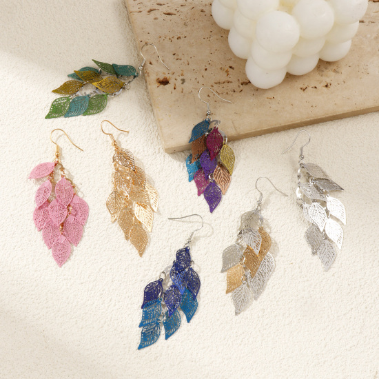 Bild von Messing Filigran Stempel Ohrringe Ohrhaken Blätter Silberfarbe Vergoldet Hohl 80mm Drahtstärke: (21 gauge) 1 Paar