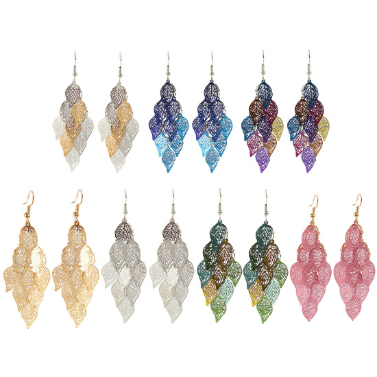 Bild von Messing Filigran Stempel Ohrringe Ohrhaken Blätter Silberfarbe Vergoldet Hohl 80mm Drahtstärke: (21 gauge) 1 Paar