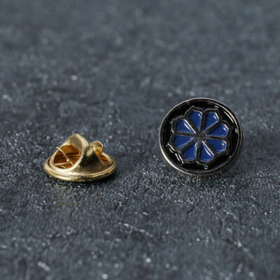 ブローチ フラワー 円形 シルバートーン 青 & 黒 エナメル 2 個 の画像
