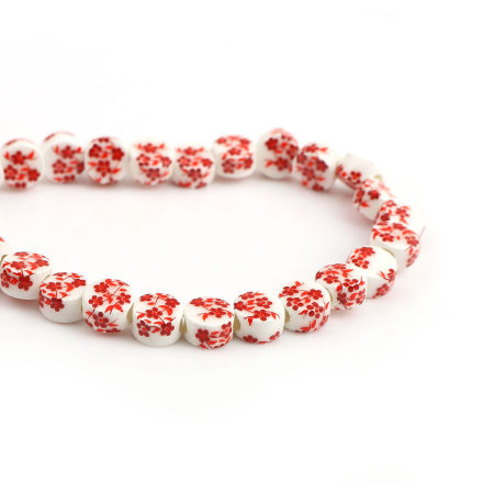Ceramic Beads Flat Round Red Plum Flower About 9mm Dia, Hole: Approx 2.6mm, 28.5cm long, 1 Strand (Approx 36 PCs/Strand)
