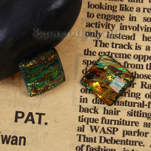 Picture of Resin AB Rainbow Color Aurora Borealis Embellishments Square Green Tinfoil Ammolite Effect Faceted 12mm( 4/8") x 12mm( 4/8"), 10 PCs