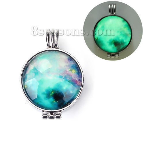 Picture of Zinc Based Alloy Glow In The Dark Aromatherapy Essential Oil Diffuser Locket Pendants Round Silver Tone Green Galaxy Universe Can Open (Fits 24mm Dia.) 39mm(1 4/8") x 27mm(1 1/8"), 1 Piece