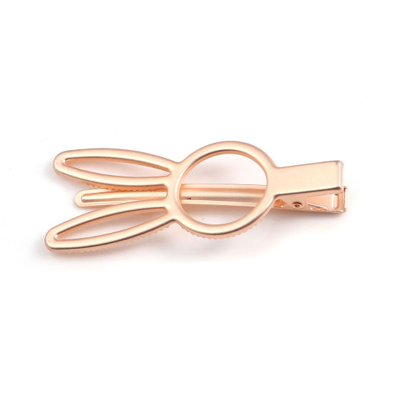 Picture of Iron Based Alloy Hair Clips Findings Rabbit Animal Light Rose Gold 74mm x 28mm, 1 Piece