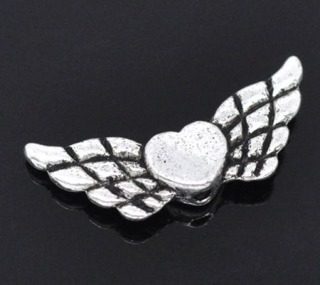 Zinc Based Alloy Spacer Beads Heart Angel Wing Antique Silver Color About 22mm x 9mm, Hole:Approx 1mm, 50 PCs