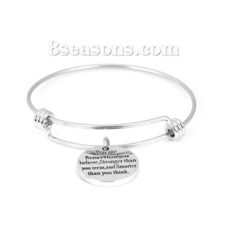 Stainless Steel Expandable Bangles Bracelets Silver Tone Double Bar Round Message 26cm(10 2/8") long, 1 Piece