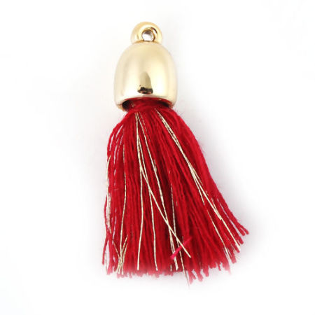Cotton Pendants Tassel Wine Red & Golden W/ Gold Plated Plastic Cap 3.5cm(1 3/8") long, 20 PCs