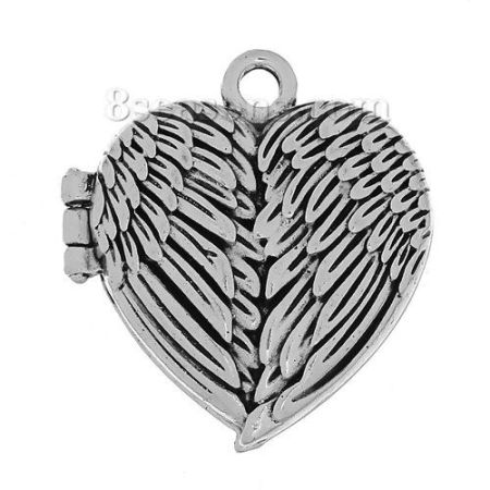 Colgantes 3D Aleación de metal de Zinc + Hematita Magnética de Corazón Plata Antigua Ángel Ala (Ajusta 25mm x 21mm )Puede Abrir 35mm x 32mm, 1 Unidad