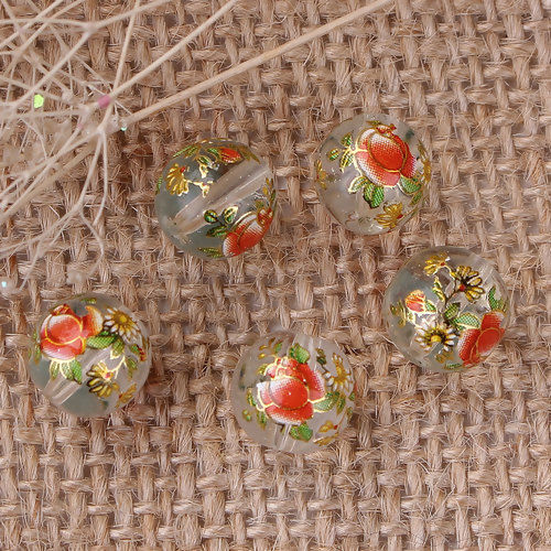 Picture of Glass Japan Painting Vintage Japanese Tensha Beads Ball Transparent Clear Rose Flower Pattern About 10mm Dia, Hole: Approx 1.2mm, 5 PCs