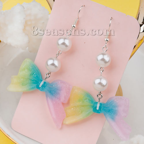 Picture of Resin Earrings Multicolor Bowknot Acrylic Imitation Pearl Glitter 71mm(2 6/8") x 45mm(1 6/8"), Post/ Wire Size: (21 gauge), 1 Pair