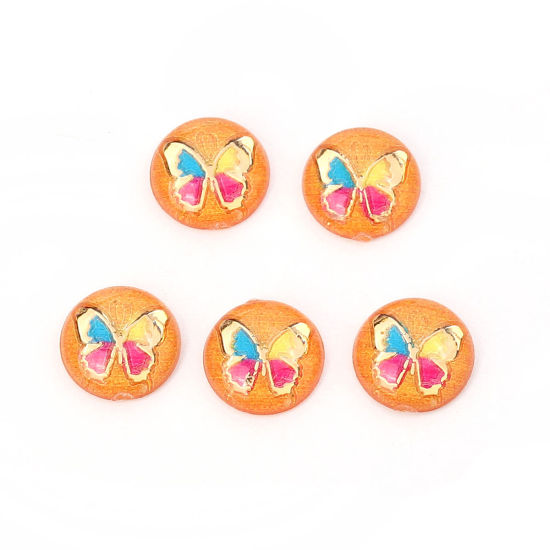 Bild von Acryl Dom Cabochon Verzierung Rund Orange Schmetterling Muster 10mm D. 200 Stück