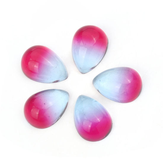 Image de Cabochon Dôme en Verre Goutte d'Eau Dos Plat Bleu & Fuchsia 18mm x 13mm, 10 Pcs