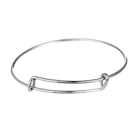 Brass Expandable Bangle Bracelet, Double Bar, Round Silver Tone Adjustable From 27cm(10 5/8") - 21cm(8 2/8") long, 5 PCs