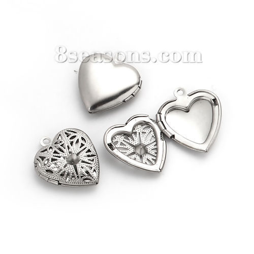 Picture of Stainless Steel Picture Photo Locket Frame Pendents Heart  Cabochon Settings  Can Open 