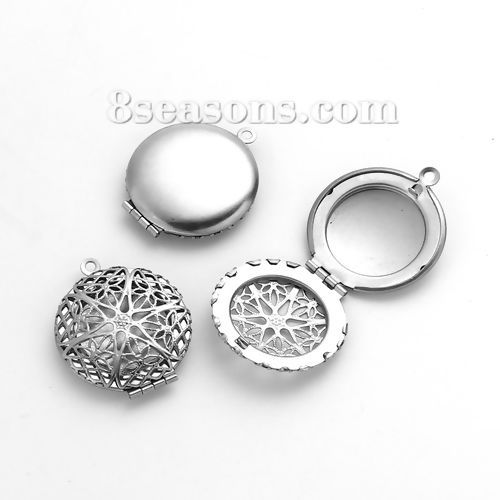 Picture of Stainless Steel Picture Photo Locket Frame Pendants Round Disc Cabochon Settings Can Open