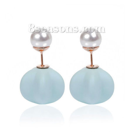 Acrylic Double Sided Ear Post Stud Earrings Pentagram Star Ball White & Light Blue Pearl Imitation Rubberized 8mm( 3/8") Dia. 16mm x15mm( 5/8" x 5/8"), Post/ Wire Size: (21 gauge), 1 Pair