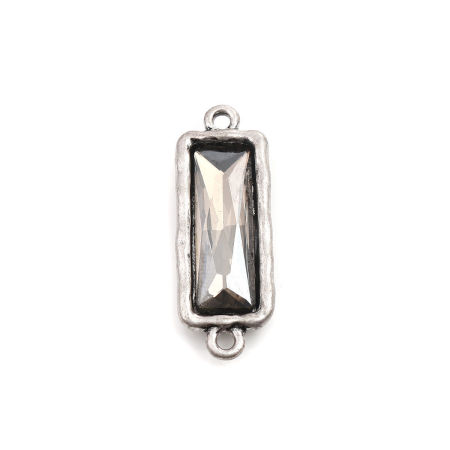 Zinc Based Alloy Connectors Rectangle Antique Silver Color Faceted French Gray Rhinestone 3.7cm x 1.3cm, 5 PCs