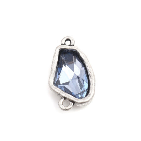 Zinc Based Alloy Connectors Irregular Antique Silver Color Faceted Blue Rhinestone 28mm x 16mm, 5 PCs
