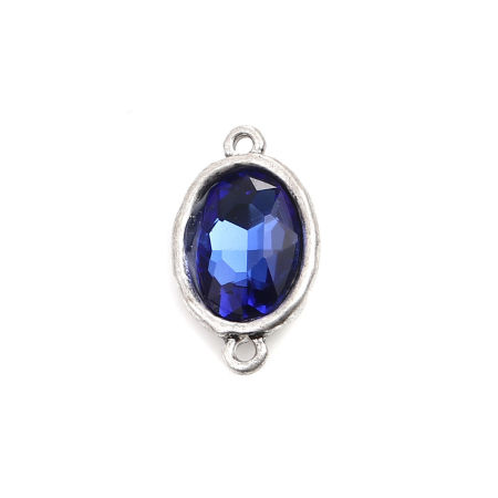Zinc Based Alloy Connectors Oval Antique Silver Color Faceted Royal Blue Rhinestone 3.1cm x 1.8cm, 5 PCs