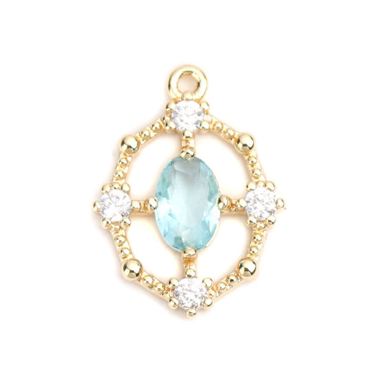 Bild von Messing Charms Oval Vergoldet Hohl Saphir Strass 16mm x 12mm, 2 Stück