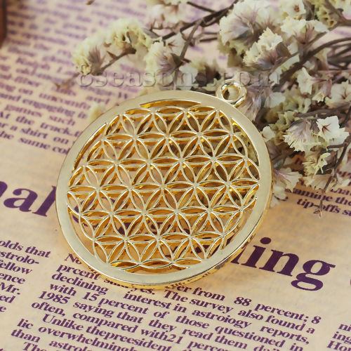 Picture of Zinc Based Alloy Flower Of Life Pendants Round Hollow Carved 