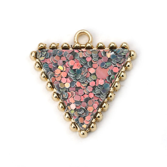 Picture of Zinc Based Alloy Paillette Sequin Charms Triangle Gold Plated Dark Green AB Color 21mm( 7/8") x 20mm( 6/8"), 5 PCs