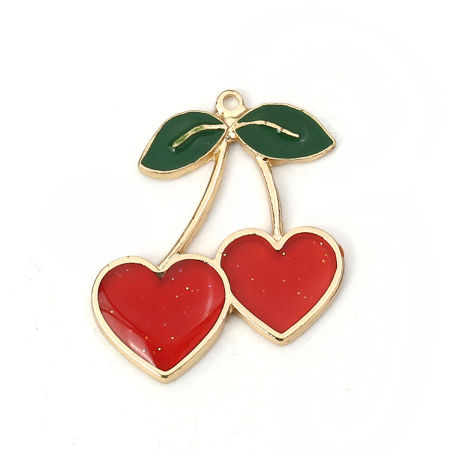 Zamak Colgantes Cereza Chapado en Oro Rojo Esmalte 30mm x 27mm, 5 Unidades