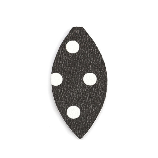 Image de Pendentifs en PU Feuille Noir & Blanc à Pois 68mm x 33mm, 50 Pcs