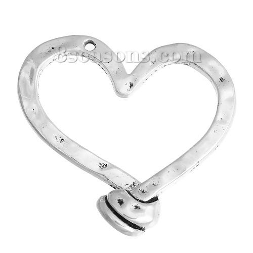 Picture of Zinc Based Alloy Hammered Pendants Heart Antique Silver Color 50mm(2") x 47mm(1 7/8"), 5 PCs