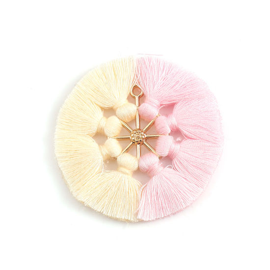Immagine di Poliestere Nappine Ciondoli Tondo Oro Placcato Rosa Chiaro 5.3cm, 2 Pz