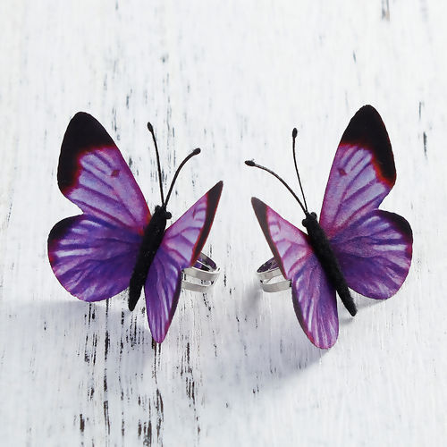 Picture of Fabric Adjustable Rings Silver Tone Purple Ethereal Butterfly 16.5mm( 5/8")(US Size 6), 1 Piece