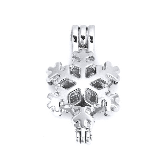 Bild von Zinklegierung Wunsch Perlenkäfig Schmuck Anhänger Weihnachten Schneeflocke Silberfarbe Zum Öffnen (Für Perlengröße: 8mm) 31mm x 19mm, 3 Stück
