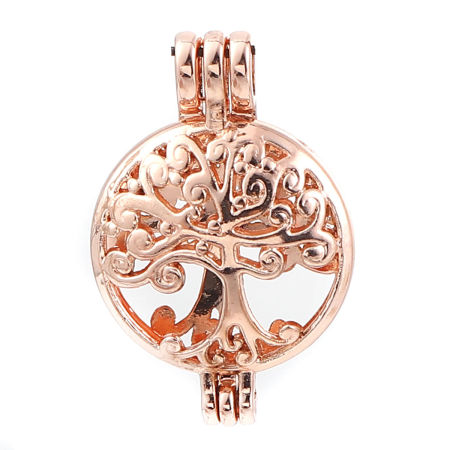 Zinc Based Alloy Wish Pearl Locket Jewelry Pendants Round Tree Rose Gold Can Open (Fit Bead Size: 8mm) 30mm(1 1/8") x 20mm( 6/8"), 3 PCs