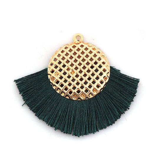 Image de Pendentifs Franges en Polyester Rond Doré Vert Foncé 40mm x 33mm, 3 Pcs