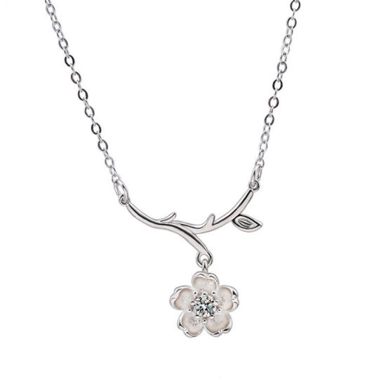 Picture of White Copper Necklace Silver Tone Flower Leaves Clear Rhinestone 45cm(17 6/8") long, 1 Piece