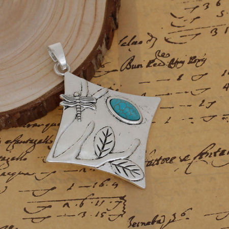 Zinc Based Alloy Boho Chic Pendants Rhombus Dragonfly Imitation Turquoise 