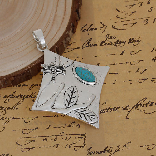 Picture of Zinc Based Alloy Boho Chic Pendants Rhombus Dragonfly Imitation Turquoise 