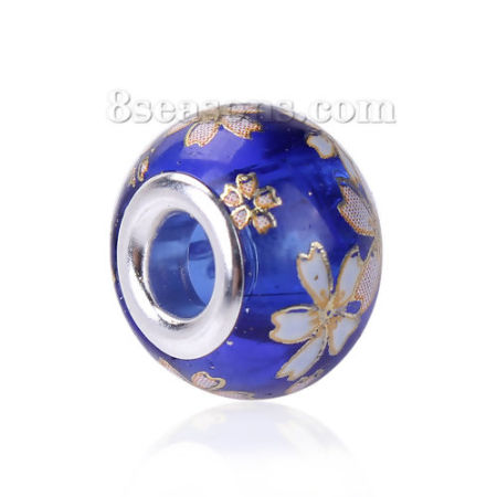 Vidrio Pintura de Japón Estilo Europeo Granos charm agujero grandes Ronda Argentado Sakura Flor Azul Marino Transparente Aprox 14mm Dia, Agujero: Aprox 4.7mm, 5 Unidades