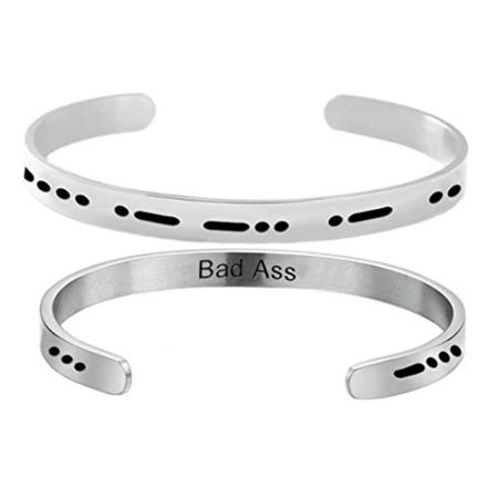 Stainless Steel Morse Code Open Cuff Bangles Bracelets Silver Tone Message " Bad Ass " 60mm Dia., 1 Piece