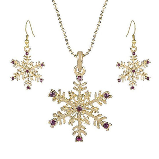 Изображение Комплект Ожерелья и Серьги Светло-золотой Рождественские снежинка Фиолетовый Горный Хрусталь 1 Комплект