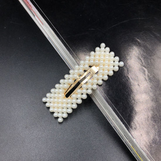 Imagen de Aleación de metal de Zinc + Acrílico Pinzas de pelo Blanco Rectángulo 6cm, 1 Unidad