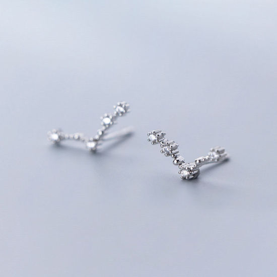 Picture of Sterling Silver Ear Post Stud Earrings Silver Aries Sign Of Zodiac Constellations Clear Rhinestone 1.3cm x 0.5cm, 1 Pair
