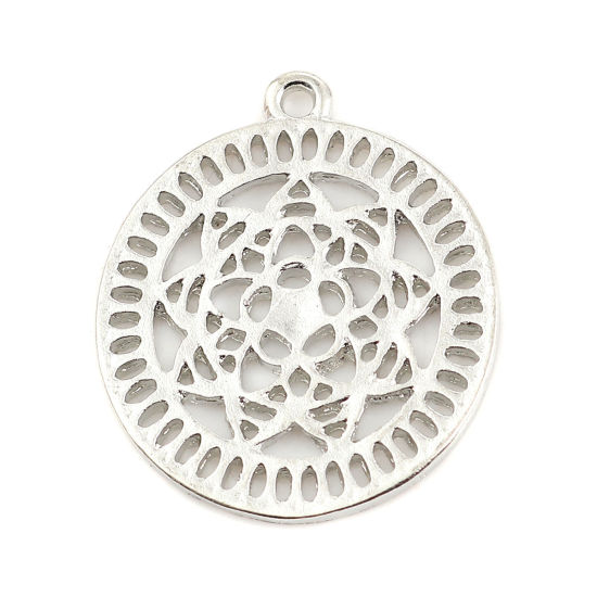 Imagen de Zamak Flor de la vida Colgantes Charms Ronda Tono de Plata Flor 28mm x 24mm, 10 Unidades