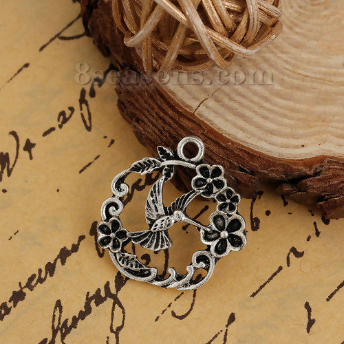 Picture of Zinc Based Alloy Charms Huingbird Flower Hollow 