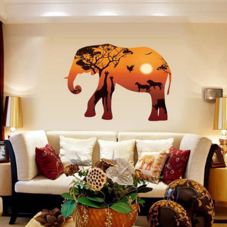 Picture of PVC Home Decor Wall Decal Sticker Orange Elephant Animal 95cm(37 3/8") x 68cm(26 6/8"), 1 Piece