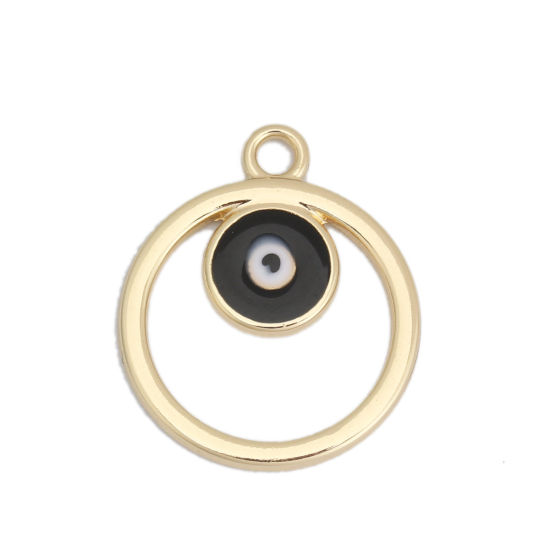 Imagen de Zamak Colgantes Charms Ronda Chapado en Oro Negro Mal de ojo Esmalte 24mm x 20mm, 10 Unidades