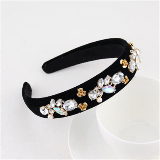 Picture of Velvet Headband Black Flower Pattern Imitation Pearl Multicolor Rhinestone 1 Piece