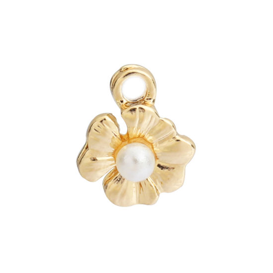 Picture of Zinc Based Alloy Connectors Flower Gold Plated White Acrylic Imitation Pearl 11mm x 9mm, 10 PCs