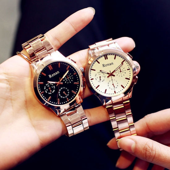Picture of Iron Based Alloy Wrist Watches Round Rose Gold White Adjustable Battery Included 22cm long, 1 Piece